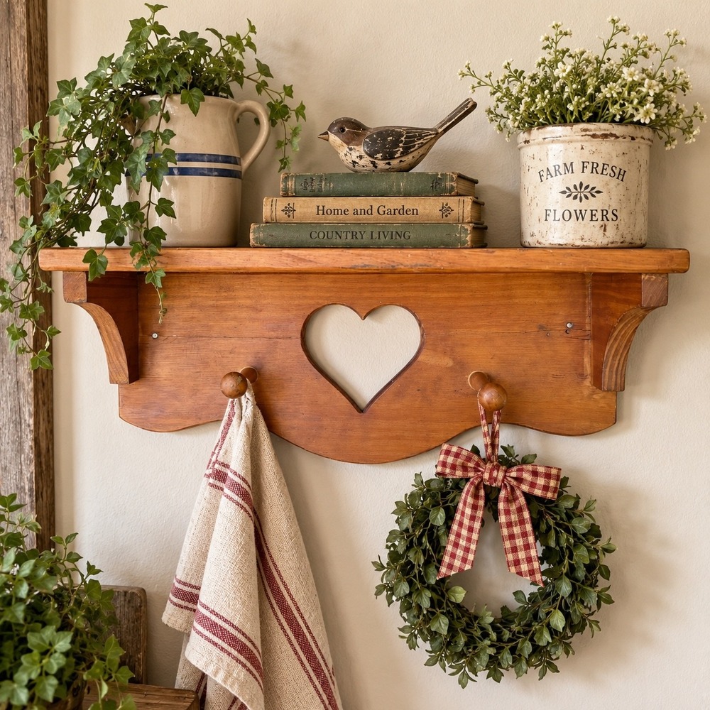 Vintage Pine Wood Heart Cutout Wall Shelf with Pegs Country Farmhouse Decor